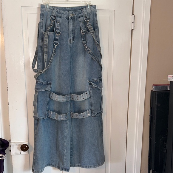 ROMEE Women's Blue Cargo Jeans Size 6 Grunge Punk Flap Pockets Wide Leg - Picture 1 of 11